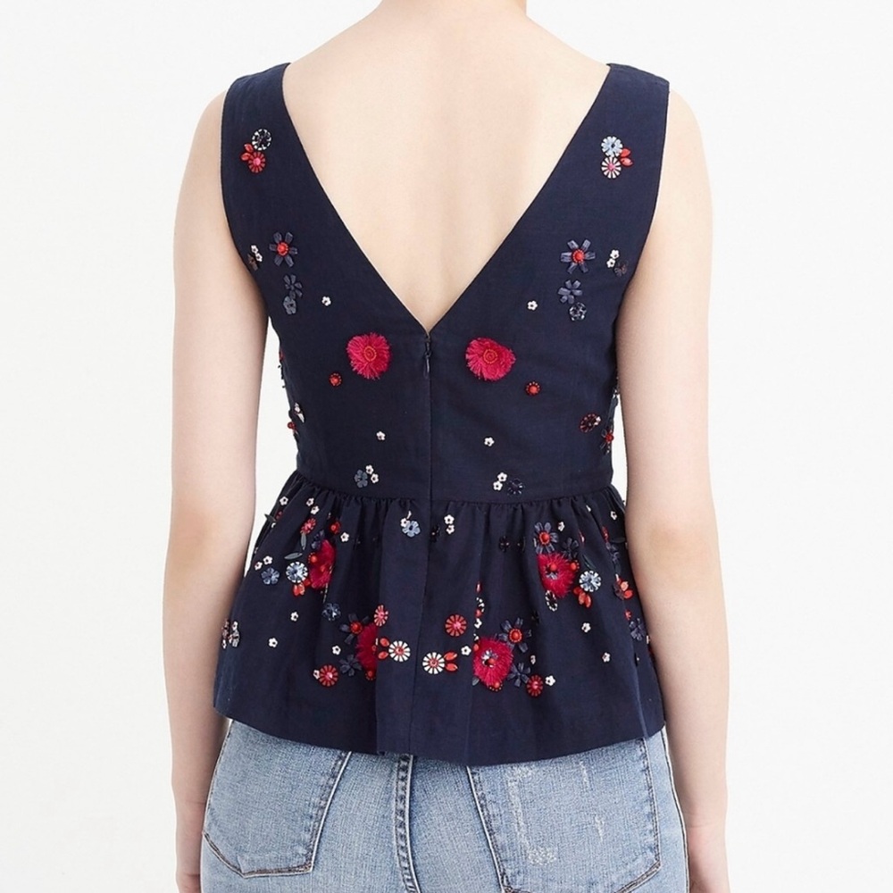 NWT J. Crew Navy Blue Hand Embellished Linen/ Cotton Peplum Tank Size 4 - Picture 11 of 13